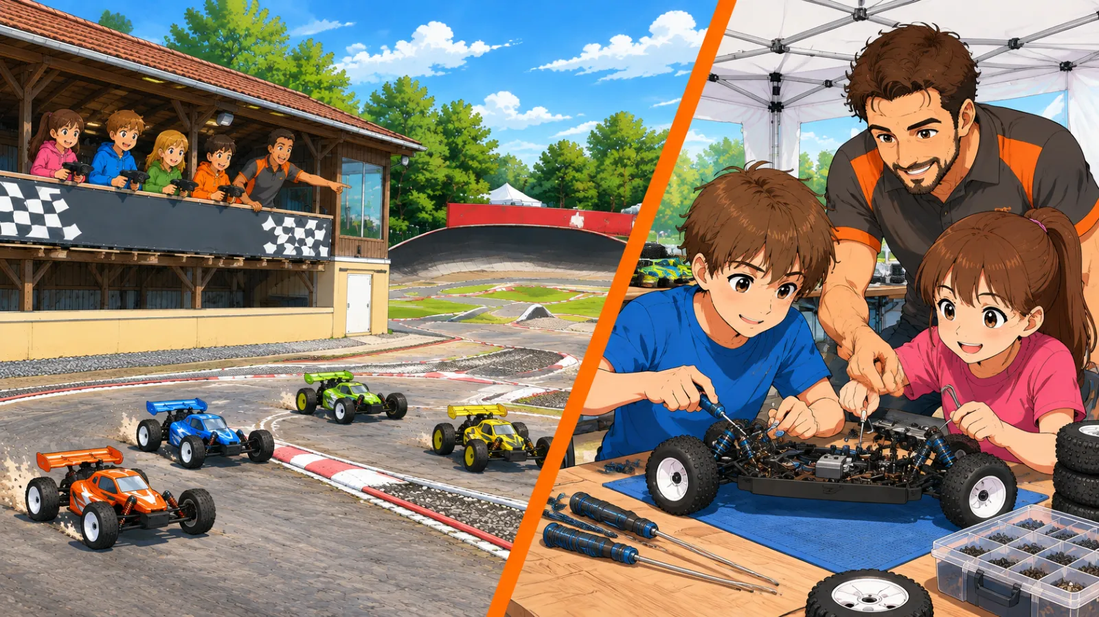 Comic: Links steuern Kinder am überdachten Fahrerstand des Fuchstalrings vier RC-Buggys, rechts schrauben zwei Kinder mit einem Trainer an einem Buggy