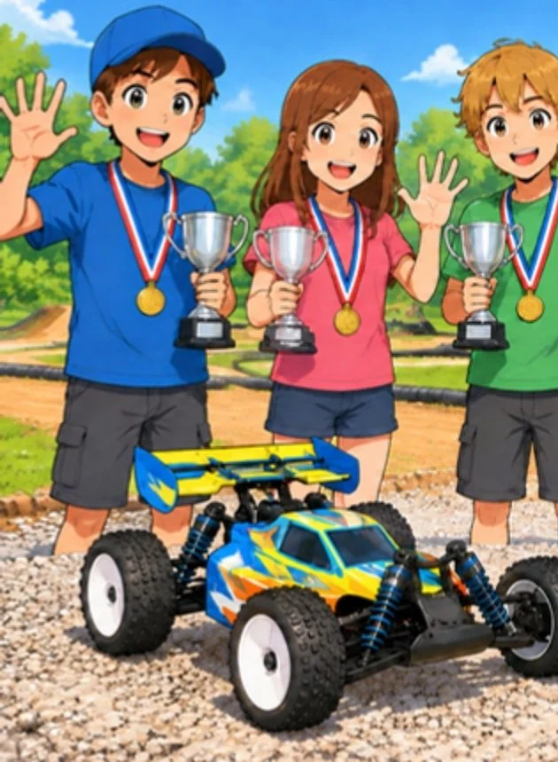 Comic: Drei Kinder mit Pokalen und Medaillen neben einem RC-Buggy