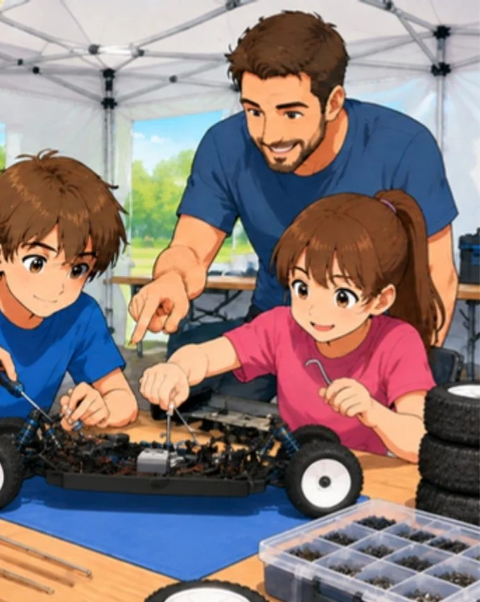 Comic: Zwei Kinder schrauben mit einem Vereinsmitglied an einem RC-Buggy